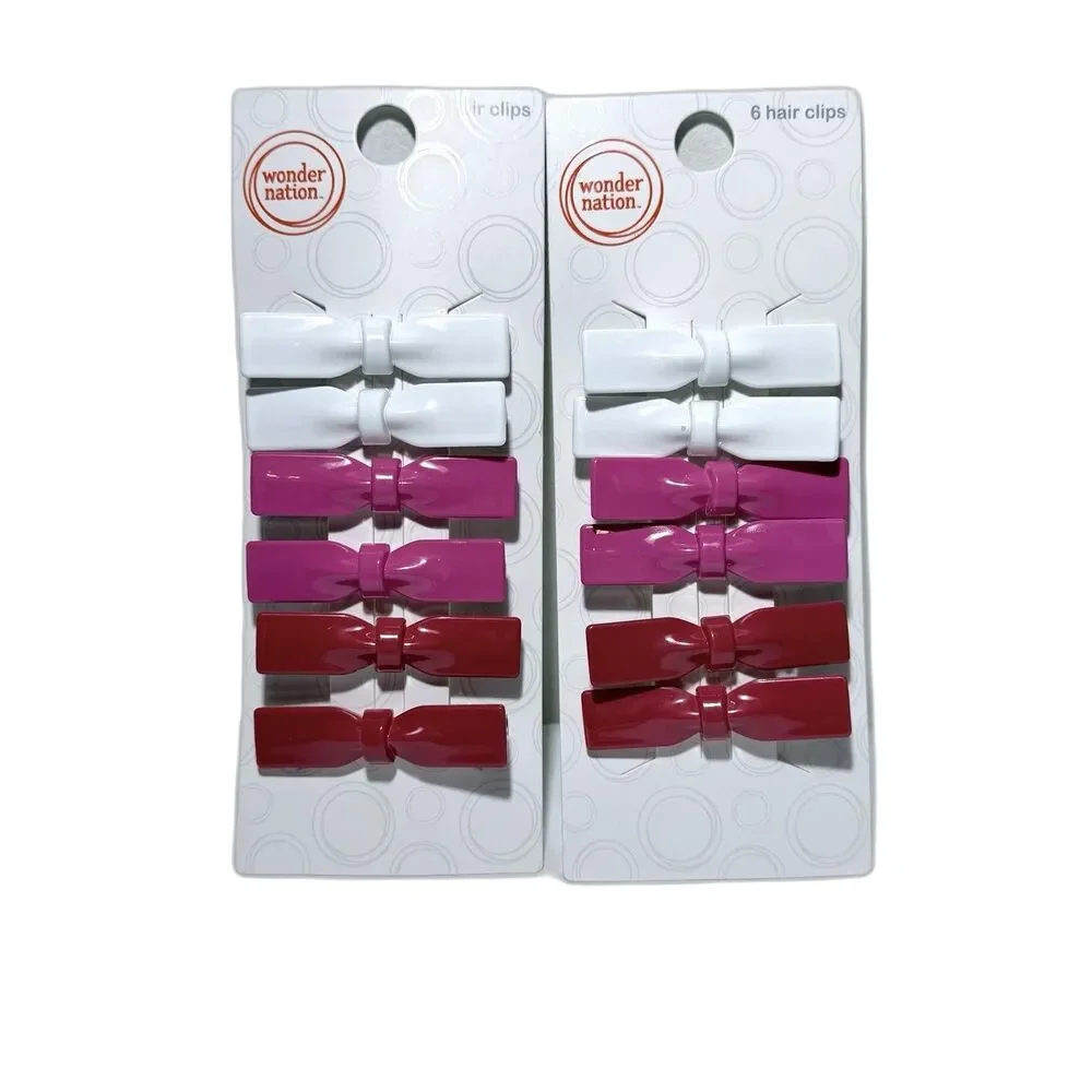 Wonder Nation Girls 2-Pack/6-Pc Glossy Bow Hair Clips Set Pink White Red NEW